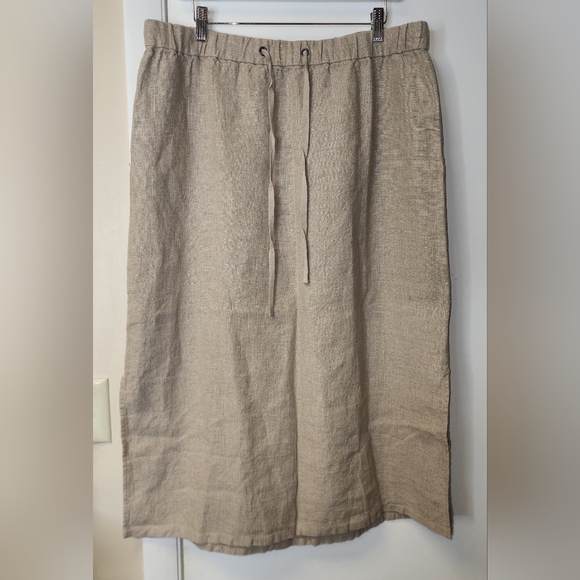 EILEEN FISHER Organic-Linen Midi Skirt Elastic Waist Drawstrings Khaki Size L - Picture 2 of 12